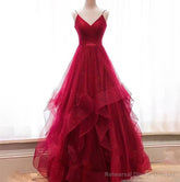Wine Red Layers Tulle V-neckline Straps Formal Dress, Wine Red Evening Dress Party Dress